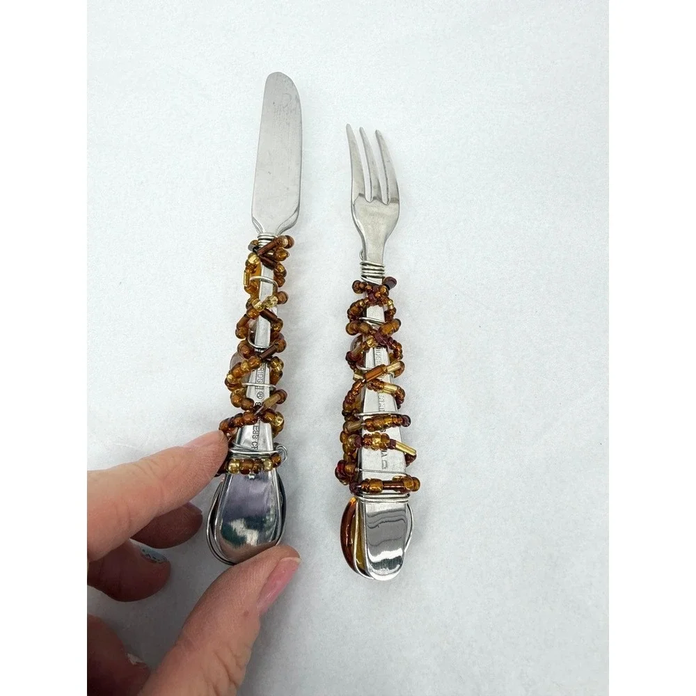 Wire Wrapped Beaded Fork & Knife Appetizer Flatware Set Elegant Tableware Decor